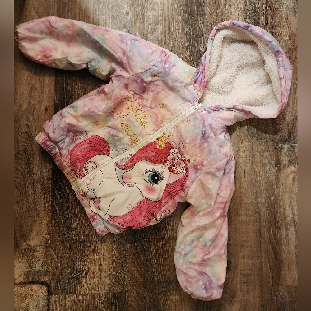SHEIN Young Girl Tie Dye Unicorn Teddy Lined Hooded Jacket